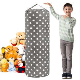 LAHAQIQI Stuffed Animal Storage Bean Bag Cover for Kids Plush Toys Organizer Bags for Boys and Girls A Full-length Zipper Cylinder Room Furniture Decor - Organize, Sit, Play & Box (Grey Stars)