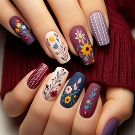 Fall Flower Press on Nails Medium Coffin Fake Nails Matte Colorful Acrylic Nails with Retro Flower Striped Designs Coffin False Nails Winter Stick on Nails for Women Girls Manicure Salon 24Pcs