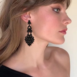 Flyonce Bridal Earrings for Wedding Crystal Vintage Style Art Deco Dangle Chandelier Earrings for Women Black