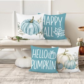COZZSNUGE Autumn Pumpkin Cushion Covers Blue Pumpkins Fall Velvety Decorative Pillowcases for Sofa Bed Home Patio 45 x 45 cm Set of 4