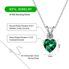 Iefil May Birthstone Emerald Necklaces - S925 Sterling Silver Heart Birthstone Necklace May Birthstone Jewelry for Women Mom Grandma May Birthday Gifts Emerald Jewelry
