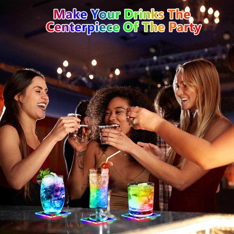 Pack of 6 Colourful LED Coasters, Square Luminous Coasters, 3