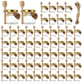 CYEAH 60 Pack 1.5 oz Mini Glass Honey Jar, Hexagon Honey Jars with Wood Dipper, Small Glass Favor Jars with Airtight Lids, Bee Pendants, Jutes - Perfect for Baby Shower, Wedding, Party Favors