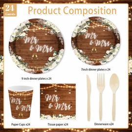 MEHOFOND 168pcs Floral Mr & Mrs Engagement Decorations, Wooden Wedding Party Supplies, Plate, Cup, Napkin, Bride and Groom Engaged Ceremony Anniversary Bridal Shower Tableware for 24 Guests