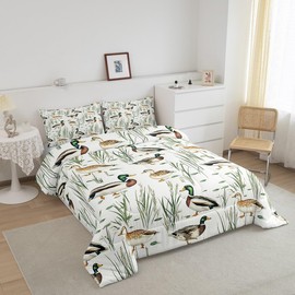 Feelyou Cute Mallard Duck Comforter Set Full Size Kids Wild Duck Hunting Duvet Insert for Boys Teens Hunting and Fishing 3D Wild Animal Bedding Set Green White Duvet Set Room Decor Quilt