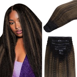 IDN BEAUTY Seamless Clip In Hair Extensions Human Hair, Kinky Straight 20 Inch 110g 7pcs, 1B/6/1B Balayage Natural Black to Chestnut Brown Remy Hair Seamless Clip Ins For Black Women PU Invisible Edge