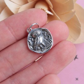 Acxico 1Pcs Sterling Silver Ancient Owl Coin Organic Round Small Charm Pendant Unique