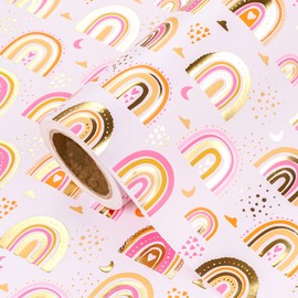 WRAPAHOLIC Baby Shower Wrapping Paper - Mini Roll - 17 Inch x 16.5 Feet - Gold Foil Pink Rainbow Baby Girl Wrapping Paper for Girls Birthday, Baby Shower, Baptism Gift Wrap