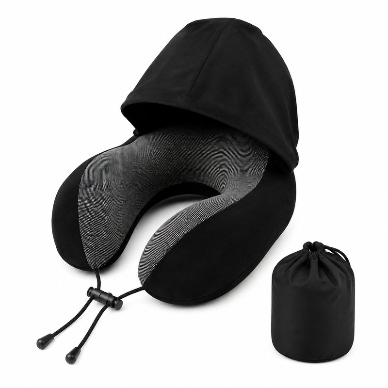 Hooded U-Shaped Memory Foam Travel Pillow, 9.84 × 9.06 ×