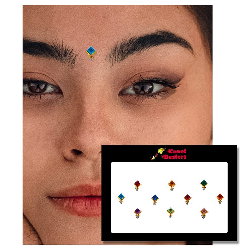 Comet Busters Beautiful Multicolor Square Stone Bindis With Gold Beads