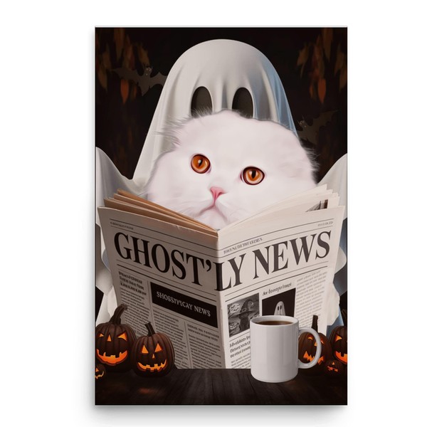 Spooky Halloween Pet and Ghost Reading Wall Art - White