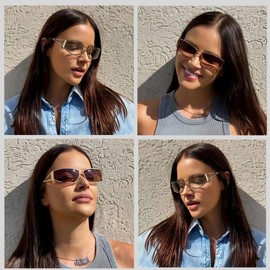 BAWUYI Y2K Sunglasses for Women Men Aesthetics 2000s Outfit Accessories Oval Y2K Glasses Metal Frame Wrap Around Shades (Gold Frame/Dark Brown Lens)