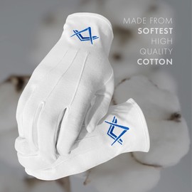 THE MASONIC COLLECTION - Masonic White Premium Cotton Gloves - White with royal blue embroidery of Square & Compass Logo - Washable & Reusable - Masonic gift for Freemason men