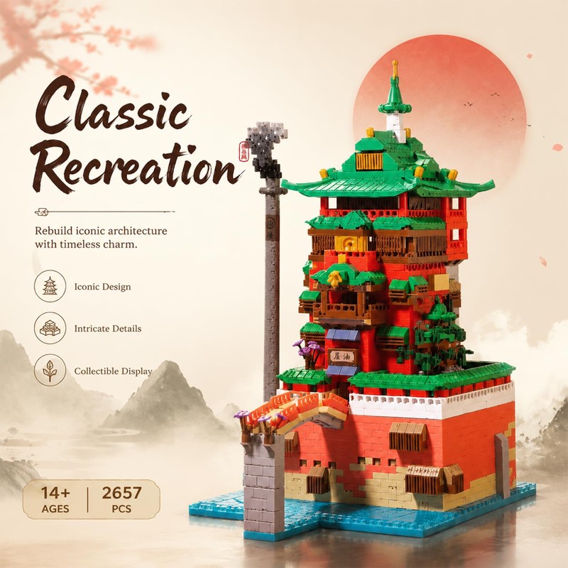 APENGBAOL Japanese Bathhouse Micro Building Blocks, 2657PCS Steampunk Architecture Building