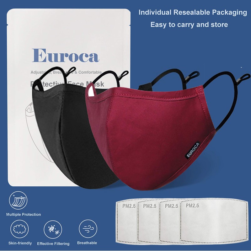 Euroca 4-Layer Cloth Face Mask Reusable Washable Adjustable For Adult