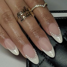 ANDGING French Tip Press on Nails Almond Short White Fake Nails with Glue Acrylic Pearl Glue on Nails with Designs Fantasy Gel Manicure False Nail for Women Classy Stick ons Nails for Wedding KLD98