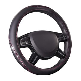 CAR PASS Pretty Rhinestone Leather Universal Steering Wheel Cover,Fit for Car, Suvs,Sedans,Truck,Anti-Slip Design (Black with Rose red)