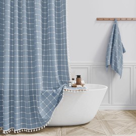 BTTN Stall Fabric Shower Curtain - 54 x 78 Inch Boho Linen Heavy Duty Cloth Tassel Shower Curtain Set with 10 Hooks, Narrow Rustic Modern Farmhouse Bohemian Thick Shower Curtains for Bathroom - Blue