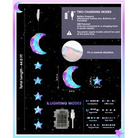 AceList 2025 Ramadan Decorations Star and Moon Hanging Light – 150 LED Iridescent Holographic Moon Window Light with USB & Battery Power for Ramadan, Eid, Bedroom, Party, Wall & Holiday Decorations