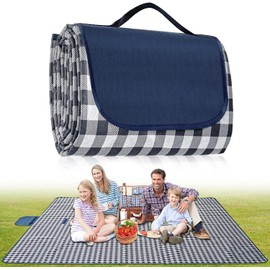 Manta de Playa, Manta de Picnic Impermeable, Plegable, Adecuada para Playa, Camping, Parque, Barbacoa, Yoga, Senderismo, Viajes (Azul y Blanco a Cuadros)