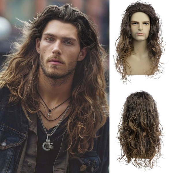 Baruisi Long Curly Wavy Brown Wigs for Men Synthetic Natural