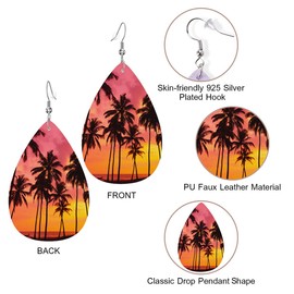 Zokola Palm Trees Faux Leather Earrings, Tropical Beach Palm Sunset Ear Pendants Earrings Teardrop Dangle Leather Earrings Holiday Earrings Making Supplies