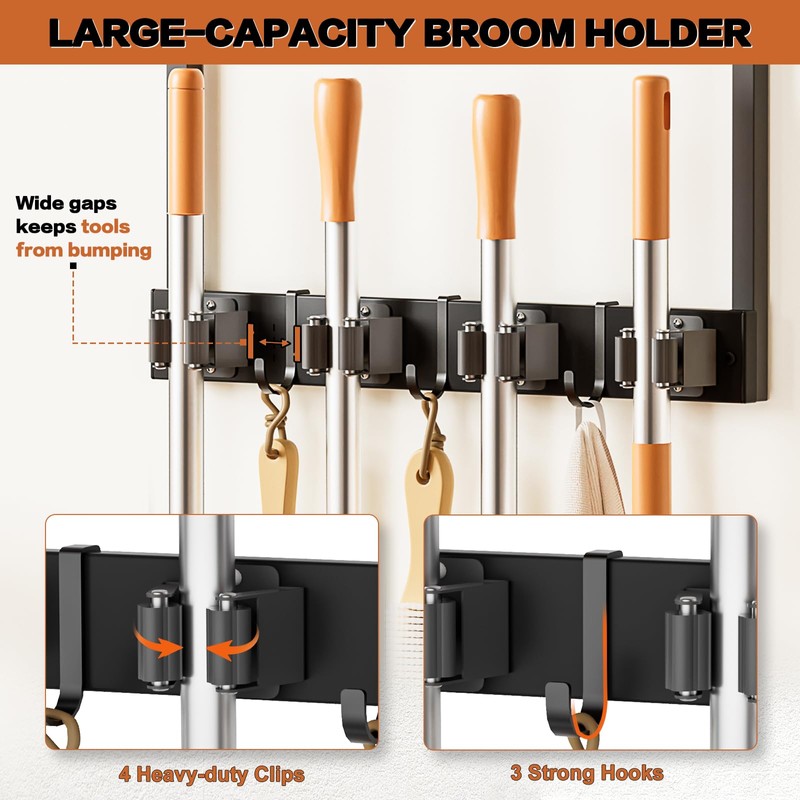 Broom Holder Wall Mount with Cleaning Supplies Organizer, Laundry Room