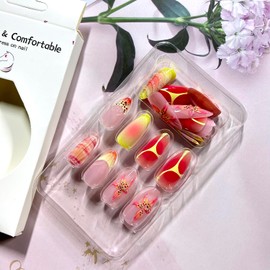 Flower Press on Nails Medium Almond Artificial Acrylic Nail Colorful Gradient 3D Floral Shell Texture with Pearl Design Stick on Nail Full Cover Reusable Coffin Artificial Fingernails for Women 24Pcs