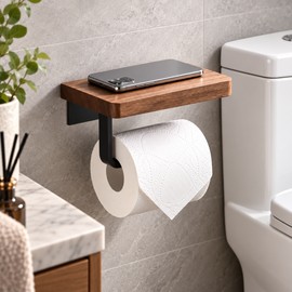 Wooden Toilet Paper Holder Wall Mount – Bathroom WC Roll Holder with Phone Holder Shelf and Storage Organizer