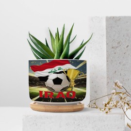 DecStic Soccer Sport with Iraq Flag Ceramic Planters Patriotic Decorations Planters for Indoor Plants with Drainage Holes and Saucers Pot for Succulents Cactus Garden Windowsill