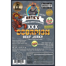 Katie's Beef Jerky - Super Spicy Packs, includes Scorpion, Reaper, Ghost, Habanero and Cayenne Beef Jerky, Great Lunch Box Meat Snack, No MSG/NITRITES, GLUTEN FREE (Scorpion XXX, 1.8 Ounce (Pack of 1))