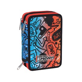 Seven Pencil Case, Pencil Case with 45 Pieces Pencils, Felt Tip Pens, Glue, Scissors, Stationery for Primary School, Painting and Writing, 3 Compartments, for Kids Boys Girls, School Gift, red / blue