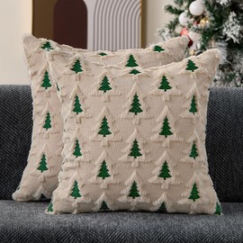 Allorry Christmas Pillow Covers 20x20 Set of 2 Beige Double Xmas Tree Pillow Covers Soft Plush Faux Fur Christmas Decorations for Xmas Winter Holiday Home Bedroom Sofa Cushion Cases PT-008C20