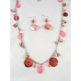 New 35" Necklace With Coral Colored Shell Discs & Matching Earrings #N2354
