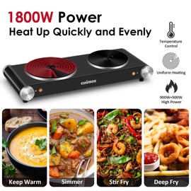 Cusimax Hot Plate for Cooking 1800W Portable Electric Double Burner Countertop Cooktop Cast Iron Stove Heating Plate with 7 Power Levels Adjustable Temp Control, Compatible for All Cookwares