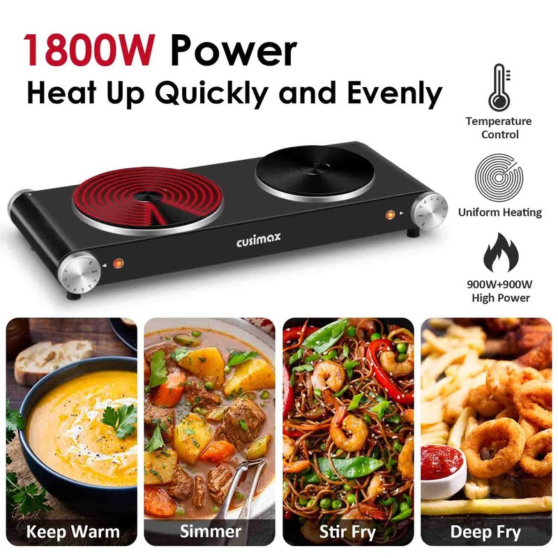 Cusimax Hot Plate for Cooking 1800W Portable Electric Double Burner