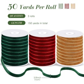 Chuangdi 3 Roll Velvet Ribbon 3/8 Inch x 50 Yards Spool Wide Single Face Ribbons 150 Yards Vintage Velvet Ribbon for Gift Wrapping Decoration Party Wedding Bow Arts Crafts(Burgundy,Green,Khaki)