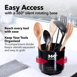 Cooler Kitchen Jumbo Extra Large Sturdy Rotating Black Utensil Holder Caddy with No-Tip Weighted Base, and Gripped Insert - Rust Proof and Dishwasher Safe Kitchen Utensils Holder
