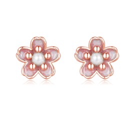 Glintara 925 Sterling Silver Flower Stud Earrings, Cherry Blossom Stud Earrings, Hypoallergenic Ear Studs Small, Flower Studs Earring with Pearl, Sleeping Cartilage Ear Jewelry for Women Girlfriend