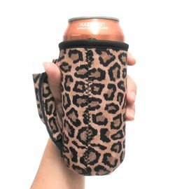 16oz Can Cooler Insulated - Lit Handlers Neoprene Fabric Beverage Cooler Sleeve with Handle & Pocket - Water Resistant Energy Drink Holder - Machine Washable Beer Can Covers for Beach (Leopard)