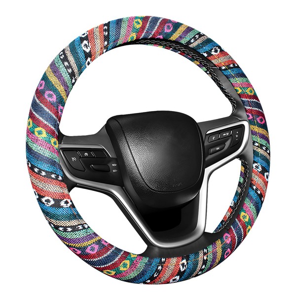 NYTKL Boho Car Steering Wheel Cover, Ethnic Style Anti-Slip Coarse