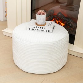 Beawelkomjo Pouf Ottoman Stuffed 20x20x12 Inches Floor Pouf Plush Fiber Ottoman Foot Rest Under Desk Foot Stool for Living Room, Bedroom (White Stripe Pouf with Filler)
