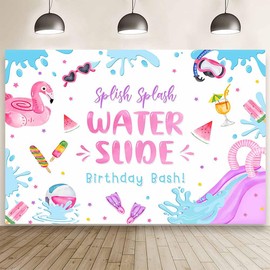 MEHOFOND 7x5ft Water Slide Birthday Bash Backdrop for Girls Splish Splash Pool Party Photography Background Summer Swimming Pool Bday Decor Hawaiian Flamingo Beach Balls Pool Bash Banner Photo Props