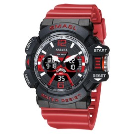 Boosns Mens Watch, Sport Digital Military Waterproof Watches LED Outdoor Dual Time Fitness Watches (Red)