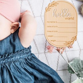 Baby Announcement Sign, 5.91x4.13 Inch Wooden Hello World Newborn Signs, Birth Announcement Sign, Ear of Wheat Decoration, Welcome Newborn Arrival to World, Hospital Nursery for baby (White,Pen)