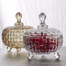 FOMIYES Crystal Glass Candy Jar, 760ml Candy Dish, Cookie Tin Biscuit Barrel, Sugar Bowl Storage Canister with Lid, Jewelry Box Holder, for Home Wedding Party Cotton Swab Storage