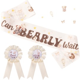 VorkiVecKi Bear Baby Shower Decorations - 3 Pcs Mom to Be Sash and Dad to Be Badge Pins Set We Can Bearly Wait Baby Shower Decor Boy Girl Gender Reveal Party Supplies for Daddy Mommy Maternity
