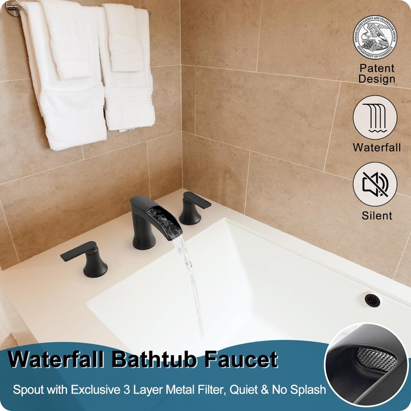 HOIGY Solid Brass Waterfall Bathtub Faucets Set, 3 Hole Matte