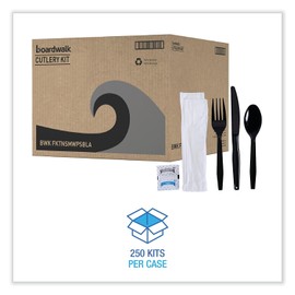 Boardwalk FKTNSMWPSBLA Six-Piece Cutlery Kit, Condiment/Fork/Knife/Napkin/Teaspoon, Black, 250/Carton