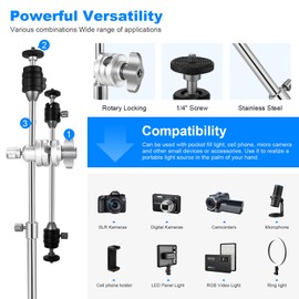 Supon 20" Mini Pocket C Stand, All-Metal Adjustable Small 20.8" C-Stand Short Tripod Stand with 13" Boom Arm Grip Head, 3 Ball Head, Sliding Leg for camera, smartphone, light, mic photography - Silver
